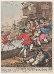 As misérias de Londres: Ao entrar em qualquer uma das pontes de Londres ou em qualquer uma das passagens que conduzem ao Tamisa, somos assaltados por um grupo [sic] de barqueiros que levantam as mãos e gritam: «Remos! Remos! Remos! Remos!»