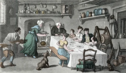 Primeira Visita do Sr. Burchell, ilustração do "The Vicar of Wakefield" de Oliver Goldsmith, pub. Ackermann, 1817 (aquatinta colorida à mão)