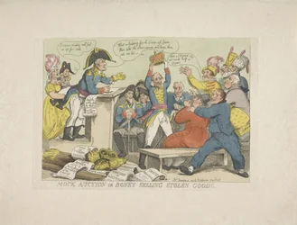 Napoleão vendendo mercadorias roubadas, 1813
Leilão falso ou Boney vendendo bens roubados (título sobre o objecto)