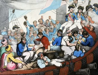 Guerras Napoleónicas, Campanha (Expedição) do Egipto (1798-1801): O Almirante Horatio Nelson (1758-1805) celebra com as suas tropas a sua gloriosa vitória na Batalha do Nilo (Batalha de Aboukir) (agosto de 1798), a bordo do seu barco
