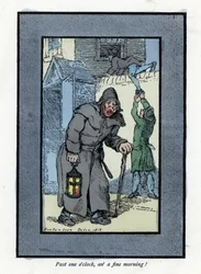Vigia noturno com a sua lanterna e pau, desatento a dois assaltantes que entram numa casa atrás dele (1819). Gravura em madeira, baseada num quadro de Thomas Rowlandson (1756-1827), publicado em The Cris of London: com seis crianças encantadoras e quase 40