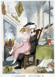Velho (esiastico) apalpar uma jovem mulher sentada de joelhos - caricatura de Rowlandson