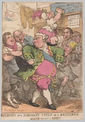 Recuperação de um título dormente ou um fabricante de calções tornar-se um senhor, pub. 1805 (gravura colorida à mão)