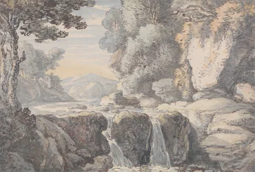 Paisagem fluvial com uma cascata