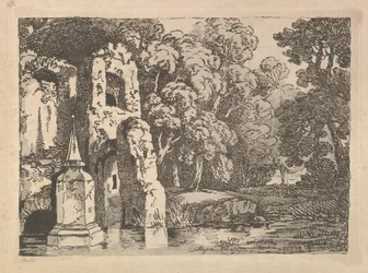 Ruínas ao lado de uma piscina em uma paisagem arborizada, 1783-84.