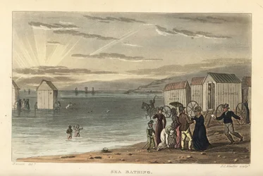 Banho de mar: mulheres nuas nadando no mar, e motores de banho sendo conduzidos para a água. Gravura em chapa de cobre colorida à mão por Thomas Rowlandson, aquatint por J.C. Stadler, depois de um esboço de J. Green dos Esboços Poéticos de Scarborough, Ack