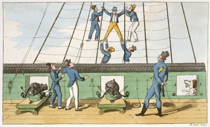 Apreendido no Rigging, prato de "As Aventuras de Johnny Newcome na Marinha", de John Mitford (1782-1831) gravado por W. Read, 1818