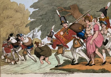 Soldados em marcha, gravados por GMWoodward, publicado em 1811 (gravura colorida)