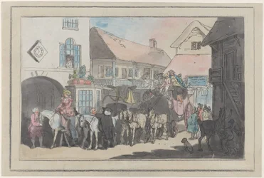 Stage Coach and Riders in the Yard of an Inn, preparando-se para partir, 1789-95., 1789-95.