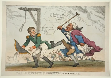 A despedida afetuosa ou chute para pontapé, pub. 1814 (gravura colorida à mão)