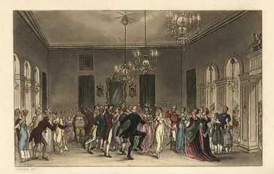 The Ball Room: turistas na moda dançando nas Salas de Assembléia de Scarborough. Cada cavalheiro que dança paga 2s, e cada senhora que bebe chá paga 1s. Gravura em chapa de cobre colorida à mão por Thomas Rowlandson após um esboço de J. Green de Poetical S