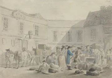 A alfândega de Boulogne - verso: esboço de grafite de cavalos, carruagens e edifícios (caneta e tinta & w - c no papel)