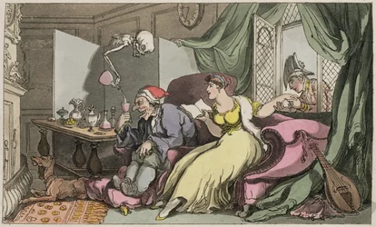 A lua de mel, ilustração "da dança inglesa da morte", bar. por R. Ackermann (gravura a cores)