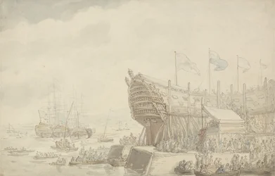 O lançamento do HMS &39;Hibernia&39; em Devonport, c.1804 (caneta e tinta e aquarela sobre papel)