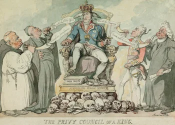O Conselho Privado de um Rei, pub. 1815 (gravura colorida à mão)