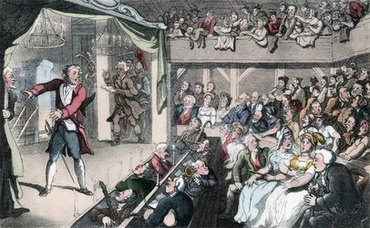 The Stage, ilustração de &39;The Vicar of Wakefield&39; de Oliver Goldsmith, pub. Ackermann, 1817 (aquatinta colorida à mão)
