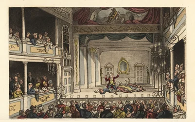 O Teatro: Turistas a apreciar uma peça no Scarborough Theatre. Gravura em chapa de cobre colorida à mão por Thomas Rowlandson depois de um esboço de J. Green do Poetical Sketches de Scarborough, Ackermann, Londres.