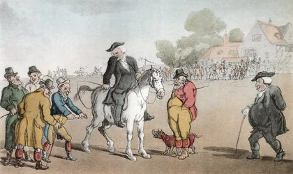 O vigário que vende seu cavalo, ilustração de "O vigário de Wakefield" por Oliver Goldsmith, bar. Ackermann, 1817 (aquatinta colorida à mão)
