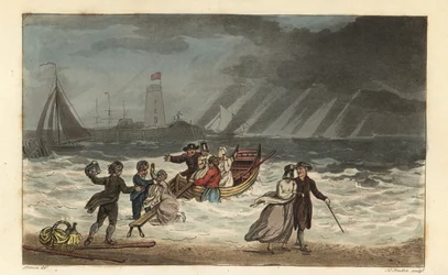 A Festa da Água: turistas abandonam uma viagem pelo mar devido ao mau tempo. Gravura em chapa de cobre colorida à mão por Thomas Rowlandson, aquatint por J.C. Stadler, depois de um esboço de J. Green do Poetical Sketches de Scarborough, Ackermann, Londres