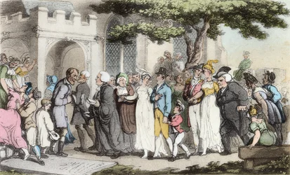 Os casamentos, ilustração de "O Vigário de Wakefield" por Oliver Goldsmith, pub. Ackermann, 1817 (aquatinta colorida à mão)