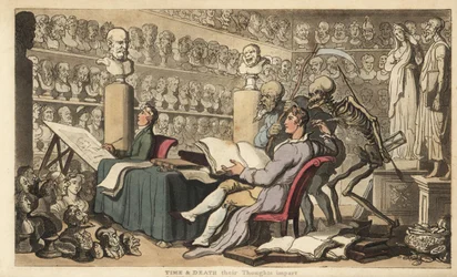As figuras do Tempo com uma foice e da Morte com sua lança e ampulheta ficam atrás de um artista com uma pena desenhada em um atelier cheio de bustos e esculturas clássicas. Placa de cobre colorida à mão desenhada e gravada por Thomas Rowlandson de The Eng