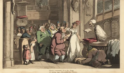 O esqueleto da Morte como um padre celebrando o casamento entre uma jovem mulher e um velho feio. Placa de cobre colorida à mão desenhada e gravada por Thomas Rowlandson de The English Dance of Death, Ackermann, Londres.