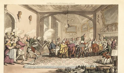 O esqueleto da Morte traz um prato de Dainty Dainty fatal para um banquete guloso num grande salão. Placa de cobre colorida à mão desenhada e gravada por Thomas Rowlandson de The English Dance of Death, Ackermann, Londres