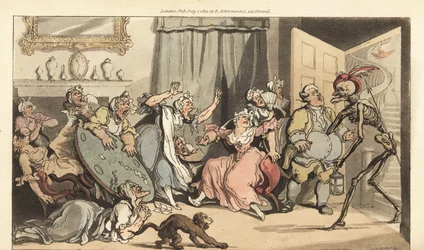 O esqueleto da Morte vem para a Srta. Mustard, uma das senhoras solteiras jogando cartas em uma sala. Placa de cobre colorida à mão desenhada e gravada por Thomas Rowlandson de The English Dance of Death, Ackermann, Londres.