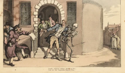 O esqueleto da Morte liberta um prisioneiro da cadeia do devedor em frente à sua família desesperada. Placa de cobre colorida à mão desenhada e gravada por Thomas Rowlandson de The English Dance of Death, Ackermann, Londres