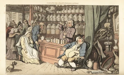 O esqueleto da Morte moeu veneno lento na loja do Quack Doctor, enquanto o quack despeja um remédio fatal em uma garrafa. Placa de cobre colorida à mão desenhada e gravada por Thomas Rowlandson de The English Dance of Death, Ackermann, Londres