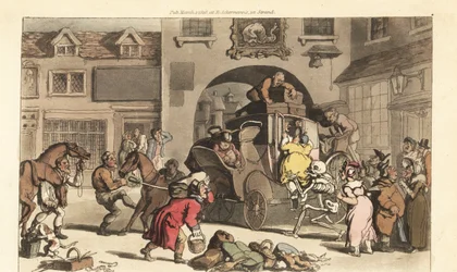 O esqueleto da Morte ajuda uma grande matrona a entrar na última fase fatal. Placa de cobre colorida à mão desenhada e gravada por Thomas Rowlandson de The English Dance of Death, Ackermann, Londres