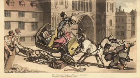 O esqueleto da Morte com capa e boné conduz uma carruagem de dois cavalos enquanto embate na estrada matando o seu passageiro, um oficial de justiça. Placa de cobre colorida à mão desenhada e gravada por Thomas Rowlandson de The English Dance of Death, Ack