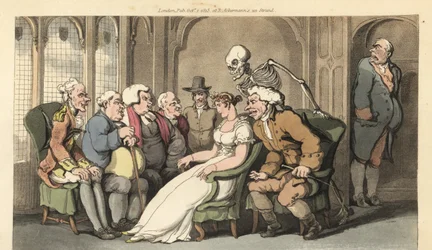 O esqueleto da Morte junta-se a um grupo de pretendentes à herdeira Belinda, e derrota o advogado, médico, pastor, quaker, coronel e baronete pelo prémio. Chapa de cobre colorida à mão desenhada e gravada por Thomas Rowlandson de The English Dance of Death
