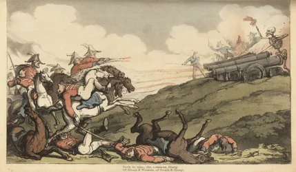 O esqueleto da Morte lança uma barragem de fogo de canhão contra uma carga de cavalaria inglesa. Placa de cobre colorida à mão desenhada e gravada por Thomas Rowlandson de The English Dance of Death, Ackermann, Londres