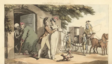 O esqueleto da Morte leva um homem velho a um mausoléu, deixando a sua jovem viúva livre para voltar a casar. Placa de cobre colorida à mão desenhada e gravada por Thomas Rowlandson de The English Dance of Death, Ackermann, Londres.