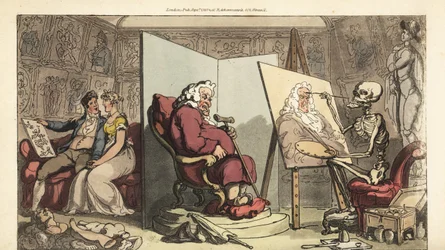 O esqueleto da Morte pinta um retrato de um vereador, enquanto a sua jovem criada flerta com um galante artista atrás da tela. Placa de cobre colorida à mão, desenhada e gravada por Thomas Rowlandson de The English Dance of Death, Ackermann, Londres.