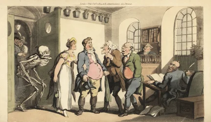 O esqueleto da Morte surpreende Ned Freeman quando ele visita o escritório do seguro, deixando sua viúva com uma enorme soma. Placa de cobre colorida à mão desenhada e gravada por Thomas Rowlandson de The English Dance of Death, Ackermann, Londres.