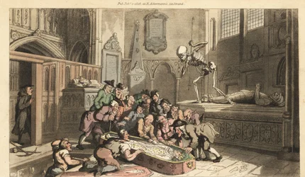 O esqueleto da Morte vê antiquários exumarem o corpo de um rei de uma cripta de uma igreja. Placa de cobre colorida à mão desenhada e gravada por Thomas Rowlandson de The English Dance of Death, Ackermann, Londres