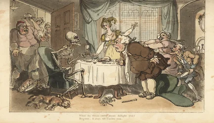 O esqueleto da Morte com dardo e ampulheta vem para o glutão enquanto ele se banqueteia no jantar. Placa de cobre colorida à mão desenhada e gravada por Thomas Rowlandson de The English Dance of Death, Ackermann, Londres
