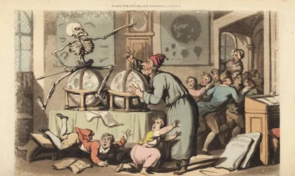 O esqueleto da Morte com seu dardo vem para um mestre de escola enquanto ele ensina astronomia para uma classe de crianças que fogem aterrorizadas. Placa de cobre colorida à mão desenhada e gravada por Thomas Rowlandson de The English Dance of Death, Acker