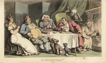 O esqueleto da Morte com ampulheta vem para o homem doente enquanto ele come papa papa na mesa de jantar com os seus companheiros de bebedeiras em frente à lareira. Chapa de cobre colorida à mão desenhada e gravada por Thomas Rowlandson de The English Danc