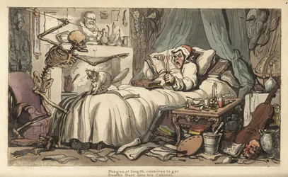 O esqueleto da Morte com o antiquário acumulado em um quarto cheio de instrumentos musicais, livros, manuscritos, armaduras, um globo, um busto, ratos, etc. Placa de cobre colorida à mão desenhada e gravada por Thomas Rowlandson de The English Dance of Dea