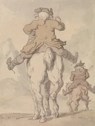 Dois homens a cavalo, vistos de costas