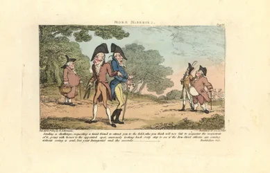 Dois cavalheiros do Regency prestes a travar um duelo com pistolas.