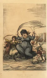 A viúva Ducker e as suas ninfas. Mulher e crianças banhando-se no mar com golfinhos e máquinas de banho. Gravura em chapa de cobre colorida à mão por Thomas Rowlandson depois de um esboço de J. Green do Poetical Sketches de Scarborough, Ackermann, Londres.
