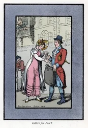 Mulher que paga e coloca uma carta num saco carregado por uma funcionária dos Correios britânicos Royal. Gravura em madeira, baseada numa pintura de Thomas Rowlandson (1756-1827), publicada em The Cris of London: com seis crianças encantadoras e quase 40 i