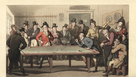 Jovens cavalheiros ingleses jogando um jogo de bilhar