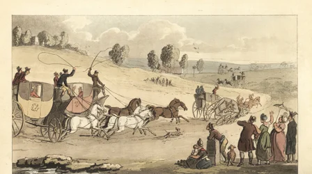 Jovens cavalheiros ingleses a correr em quatro carruagens de cavalos numa estrada