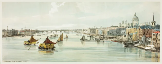 Blackfriars, de Southwark Bridge, placa seis de Original Views of London as It Is