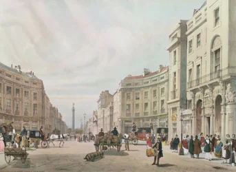 Regent Street, olhando para a coluna do Duque de York, de "London As It Is", gravada e pub. pelo artista, 1842